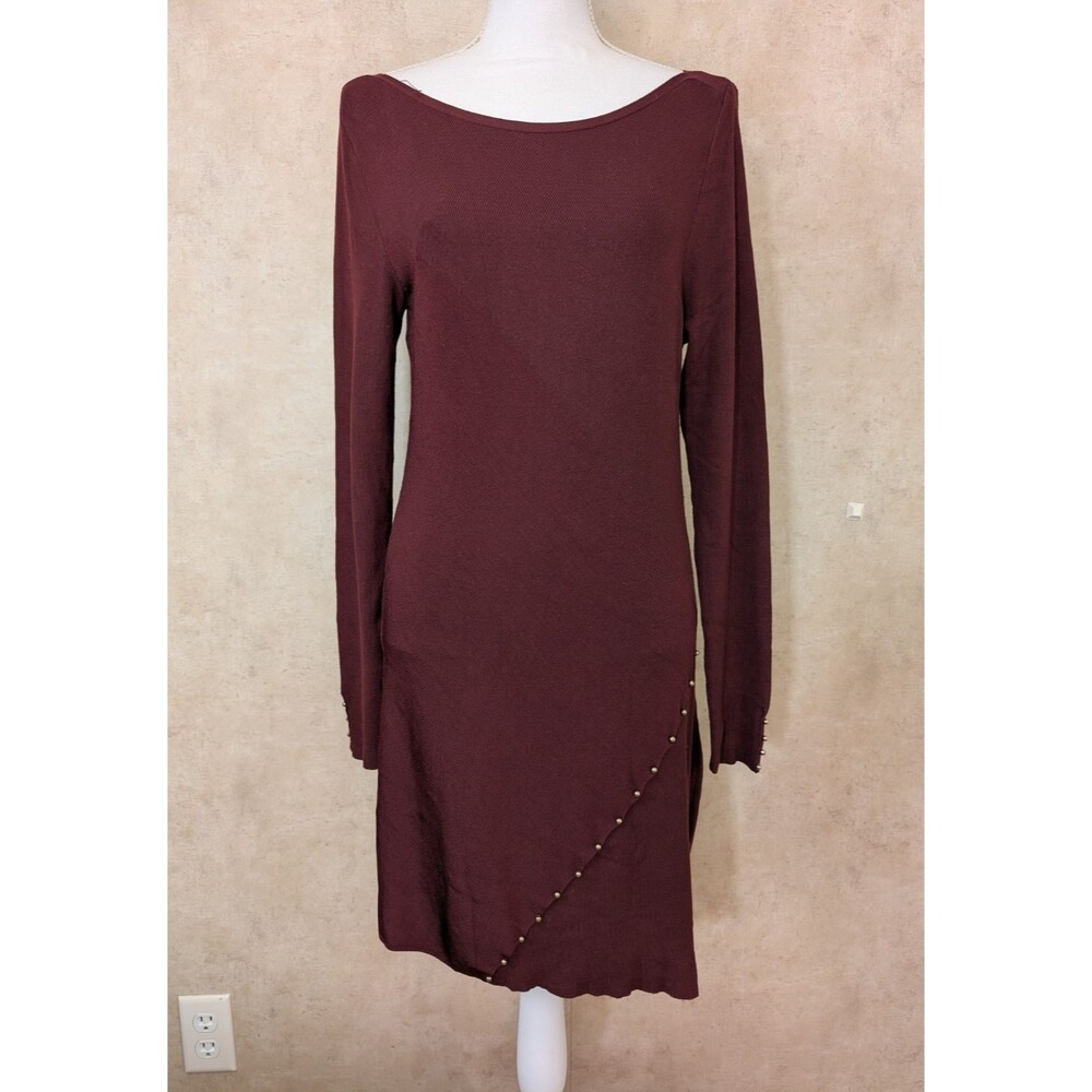 WHBM Dress Womens L Maroon Ribbed Knit Asymmetrical Sleeve Bateau Neck - Picture 2 of 11